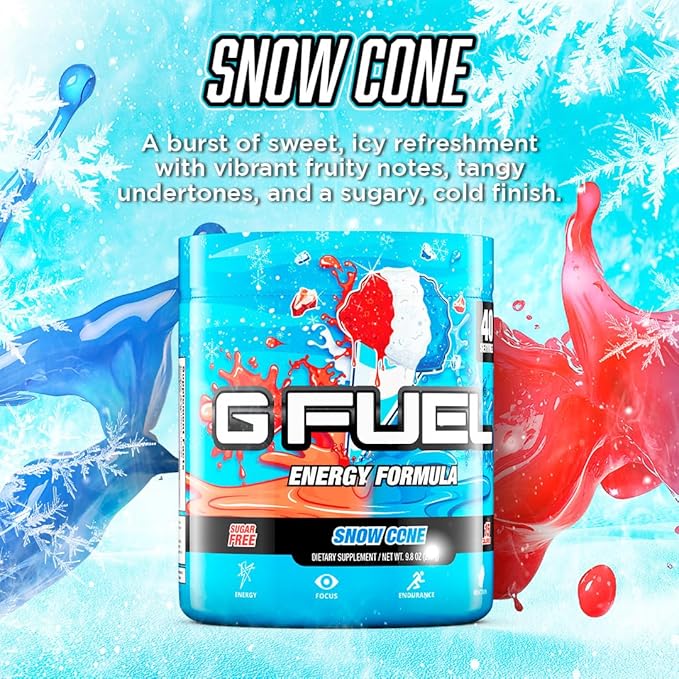 G Fuel Snow Cone Energy Drink Powder Pre Workout Caffeine Mix for Gaming Sugar Free Focus Amino Vitamin + Antioxidants 9.9oz (Snow Cone 40 Servings)