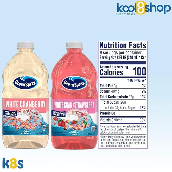 Ocean Spray White Cran Strawberry and White Cranberry Juice Drink 64 fl oz Plastic Bottles 4 Pack + 15 Sugarcane Disposable Straws by KOOL8SHOP Infinite Deals
