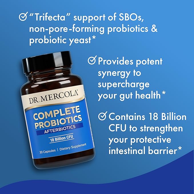 Dr. Mercola Complete Afterbiotics - 18 Billion CFU - Supports Digestive &amp Immune Health - SBOs - with Saccharomyces boulardii - Non-GMO &amp Gluten-Free - 30 Capsules (30 Servings)