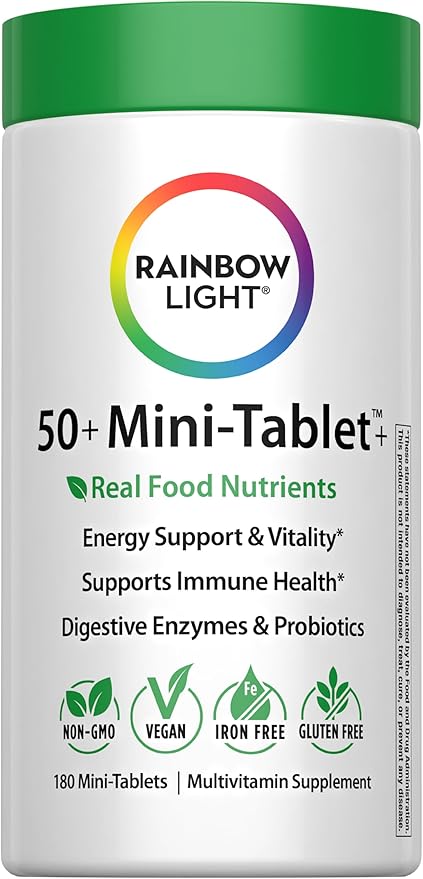 Rainbow Light - 50+ Mini-Tablet Food-Based Multivitamin - Age-defense Formula Probiotic and Antioxidant Formula Vitamins and Minerals Support Immune Heart Skin Eye Bone and Prostate - 180 Tablets