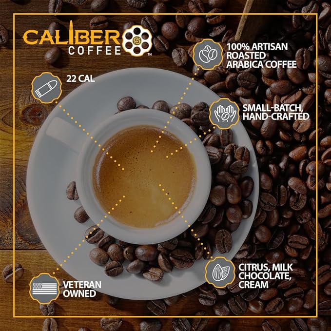 Caliber Coffee .22 Cal Whole Bean Light Roast – Balanced Fruity Caramel Flavors – 100% Artisan Roasted Arabica Coffee – Small-Batch Hand-Crafted – Veteran Owned – 12oz Bag