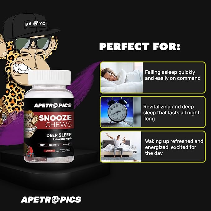 Apetropics Snooze Chews - Deep Sleep Gummy with L-Theanine Chamomile Melatonin Tart Cherry and Magnesium - Cherry Flavor 30 Count - Gluten-Free Vegan Non-GMO and Gelatin-Free