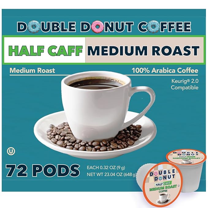 Double Donut Coffee Half Caff Coffee Pods Single Serve Half Caffeine Coffee Pods For Keurig K Cup Brewers Medium Roast 72 Count