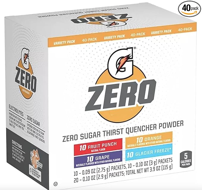 Gatorades G Zero Sugar Thirst Quencher Powder (Pack Of 40) 10 Flavors Of Each (Fruit Punch Orange Grape &amp Glacier Freeze)