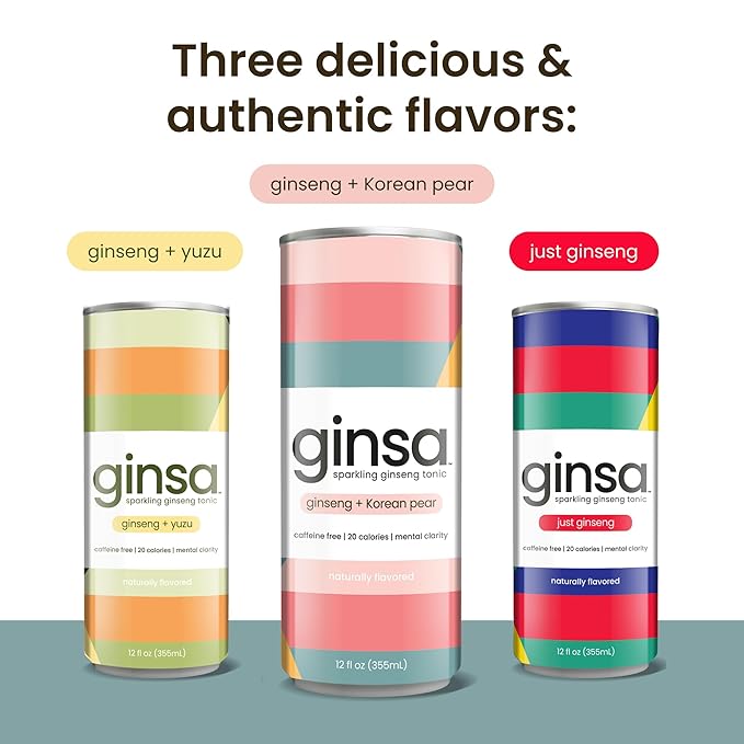ginsa Sparkling Ginseng Energy Drink with Korean Red Ginseng | Natural Energy Booster | Non-GMO Supports Focus &amp Clarity with Pure Ginseng Root No Caffeine | 12 Pack | 12oz | Korean Pear Flavor