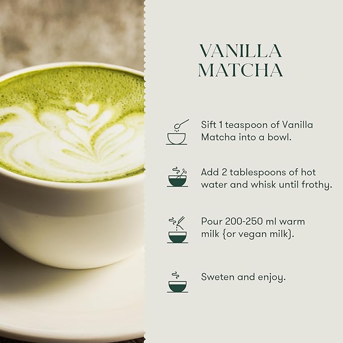 Luxmi Estates Vanilla Matcha with Priobiotics (50 g) Organic Matcha Tea Rich in Antioxidants Tea for Relaxing