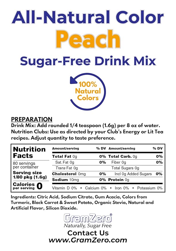GramZero Peach Zero Calorie Sugar Free Drink Mix Great For Nutrition Club Loaded Teas Stevia Sweetened