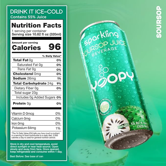 Yoopy Sparkling Soursop Juice – 12 Pack (10.82 fl oz Each) – Made with 55% Real Soursop Juice – No Added Sugar – Tropical &amp Bubbly Drink – Best Served Cold