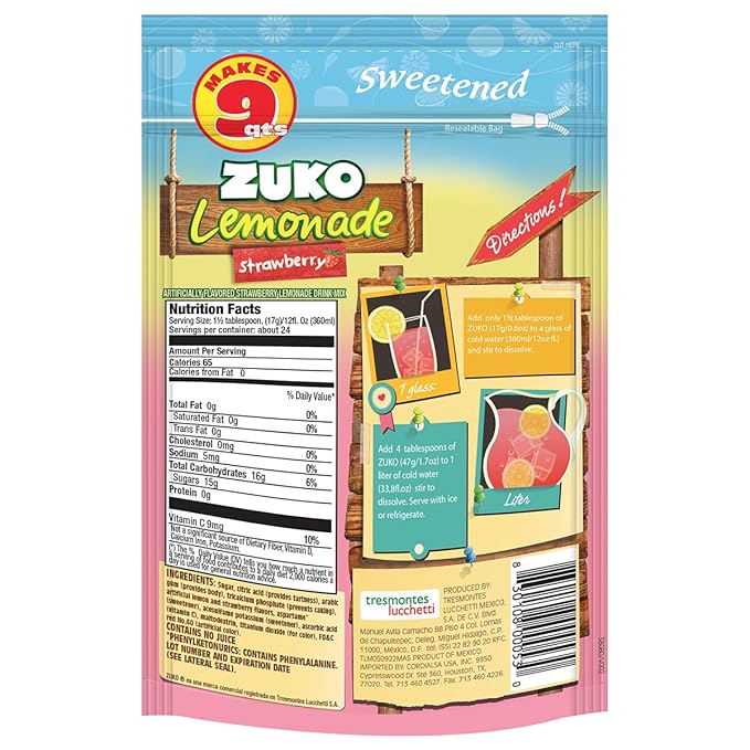 Zuko Strawberry Lemonade Instant Powder Drink | Family Pack | No Sugar Needed | Vitamin C | 14.1 Ounce (Pack of 6)
