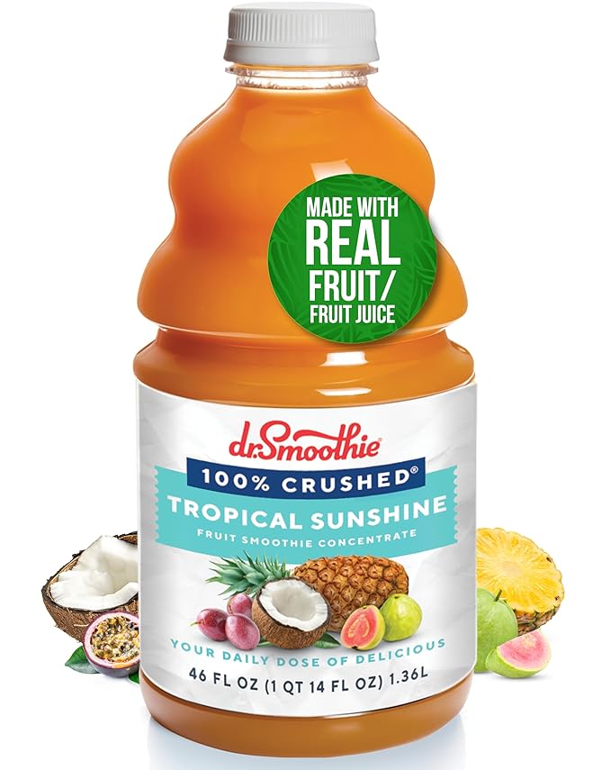 Dr. Smoothie 100% Crushed Tropical Sunshine – No Added Sugar Made with Real Fruits/Fruit Juice – Vegan No Artificial Colors or Flavors – Guava Pineapple Passion Fruit &amp Bananas – 46 oz Bottle