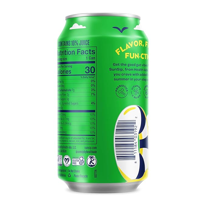 SunSip Prebiotic Soda by Health-Ade Better-for-You Soda Swap Beverage with Vitamins &amp Minerals Naturally Sweetened with 5g of Sugar Lemon Lime 11.5 oz (12 Pack)