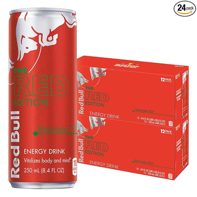 Red Bull Red Edition Energy Drink Watermelon with 80mg Caffeine plus Taurine &amp B Vitamins 8.4 Fl Oz 2 Packs of 12 Cans (Pack of 24)