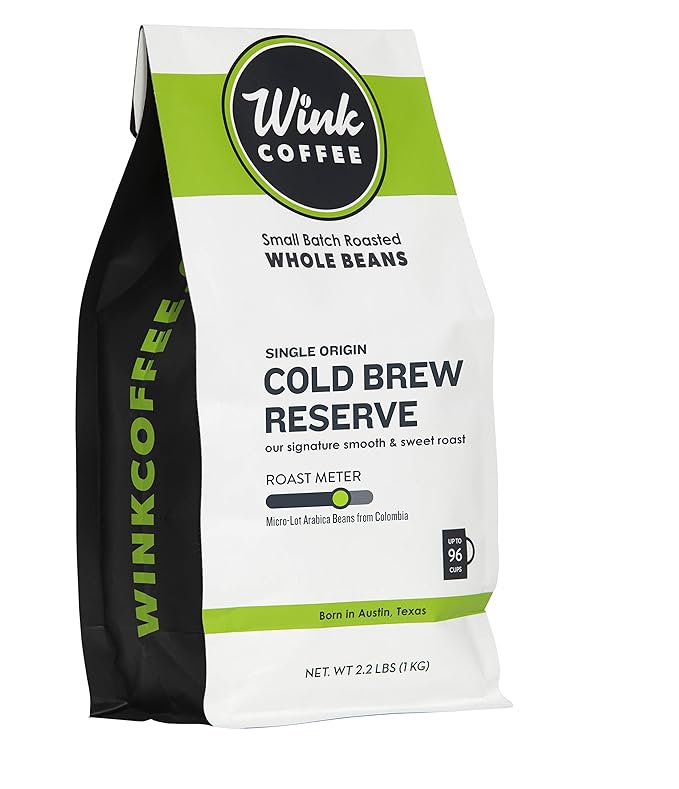 Wink Coffee Medium Dark Roast Large 2.2lb bag Low Acid Whole Bean Coffee 'Cold Brew Reserve' Single Origin Colombian Arabica Beans Smooth Sustainably Sourced