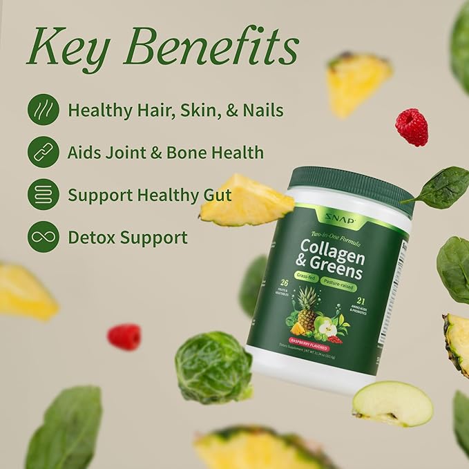 Snap Supplements Super Greens Powder with Collagen Peptides 26 Fruits and Vegetables Grass Fed Non-GMO Daily Greens for Hair Skin Nails &amp Joint Support 11.34 oz (30 Servings 1 Month Supply