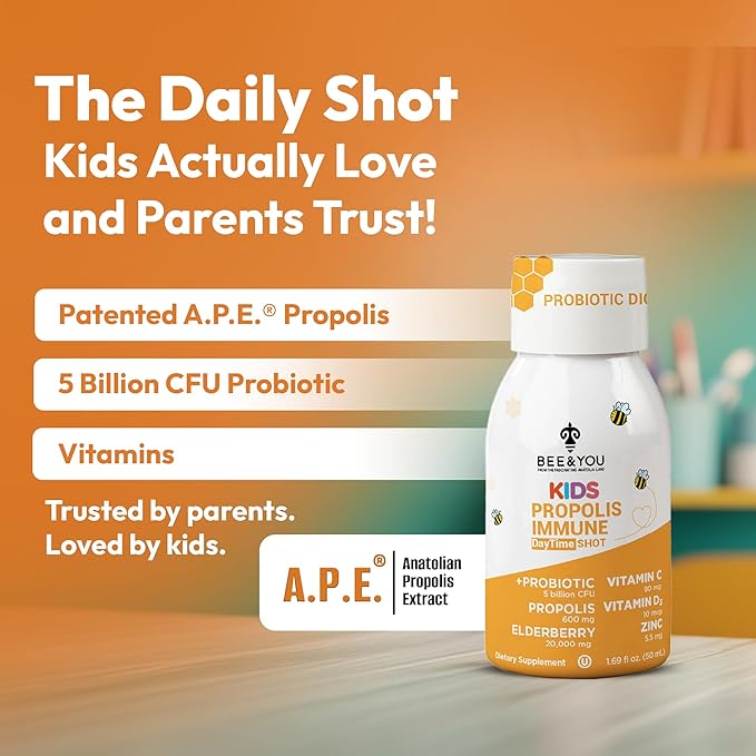 Bee and You Kids Propolis Immune Day Time Shot - Probiotic Vitamin C Vitamin D3 Zinc Immune Support Gut Health Digestive Health 1.69 Fl. oz 12 Pack