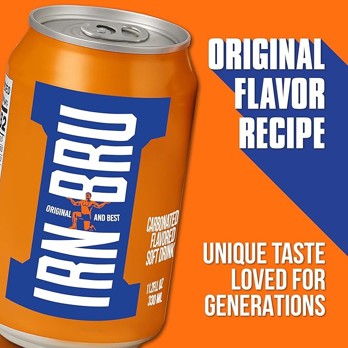 IRN-BRU Original Scottish Sparkling Soda Citrus Flavored Carbonated Drink - Sparkling Flavored Soft Drink 32 Flavor Recipe 11.1 fl oz Cans Pack of 8
