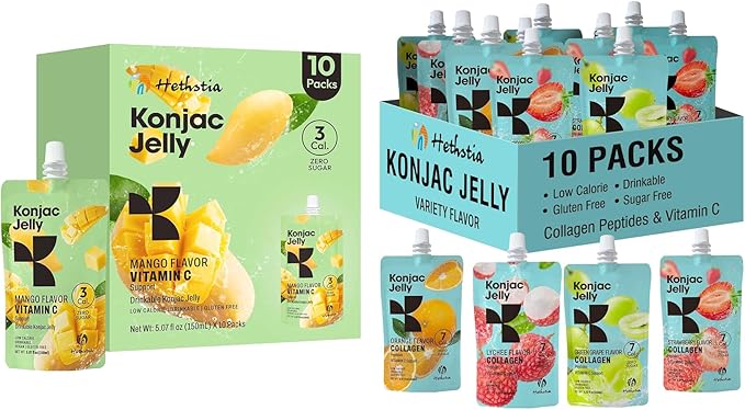 Hethstia Konjac Jelly Collagen Peptides Various Flavors and Konjac Jelly-Mango Flavor Drinkable Snack 10-Pack Squeeze Pouches