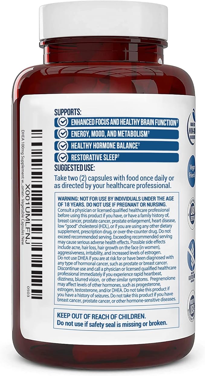 DHEA 100mg Supplement with Pregnenolone 60mg -Supports Hormone Balance Lean Muscle Mass Energy Mood Sleep and Healthy Aging in Men and Women- Vegetable Capsules
