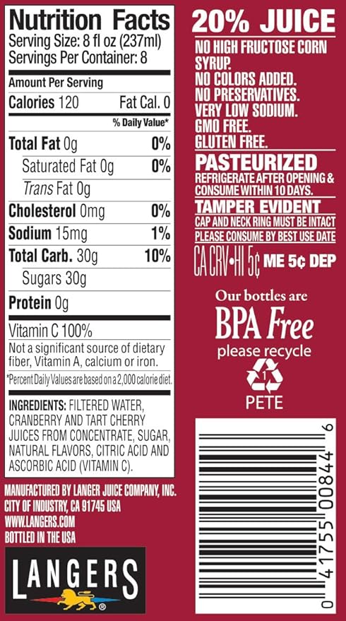 Langers Cranberry Tart Cherry Juice Cocktail 64 Fluid Ounce (Pack of 8)