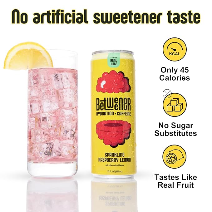 Betweener Sparkling Energy Seltzer Sparkling Water w/Real Juice &amp 100mg Caffeine Light &amp Refreshing L-Theanine for Focus Vitamins B+C - Low Sugar - 45 Cals - Passionfruit Lime (12 Pack)