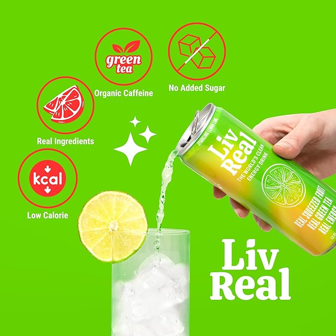 LivReal Clean Energy Drink – Organic Green Tea Caffeine 125mg + L-Theanine 100mg – Real Fruit No Sweeteners or Flavorings – Vitamin C &amp B Complex – Sparkling Lemon Lime Water 12 Pack 12 fl oz