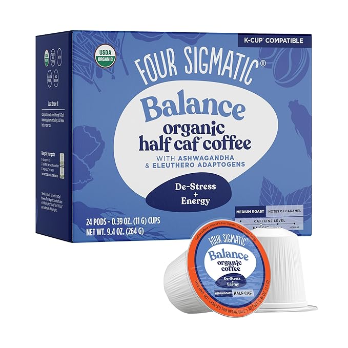 Four Sigmatic Adaptogen Coffee K-Cups | Organic Medium Roast Ground Coffee with Ashwagandha Eleuthero Chaga &amp Tulsi | Immune Support &amp Stress Relief | Keto | 24 Count