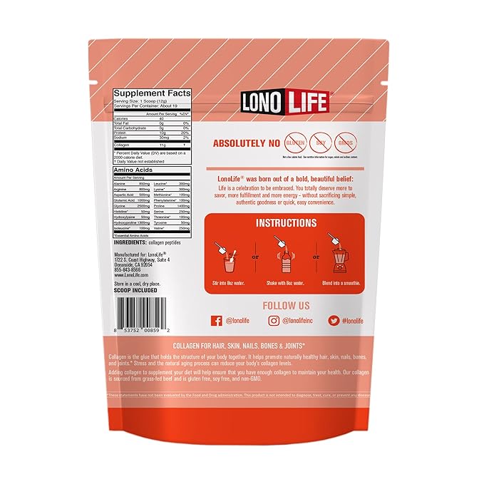 LonoLife - Unflavored Collagen Peptides with 10g Protein Paleo and Keto Friendly 8-Ounce Bulk Container - Packaging May Vary