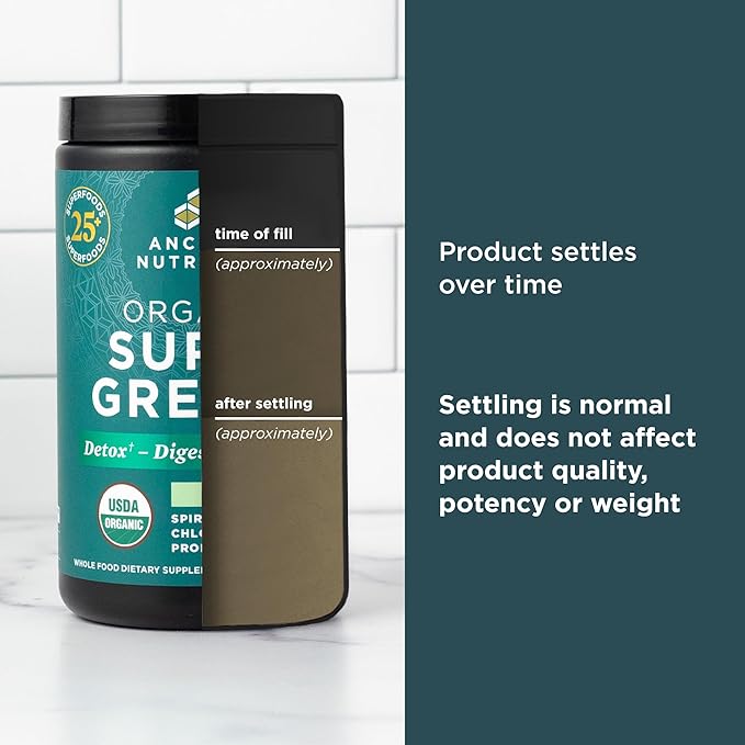 Ancient Nutrition SuperGreens Powder with Probiotics Organic Peppermint Flavor Greens Made from Real Fruits Vegetables and Herbs for Digestive and Energy Support 25 Servings 7.23oz