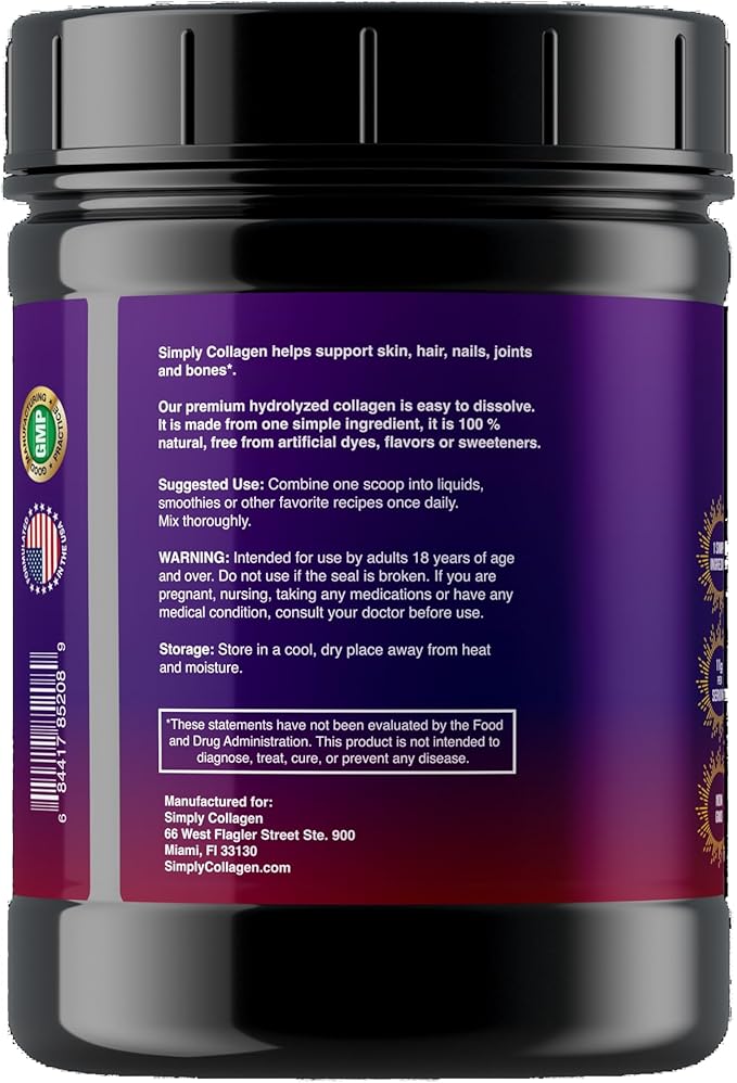 Simply Collagen® Hydrolyzed Collagen Peptides Powder – Grass-Fed Unflavored Type I &amp III – Supports Hair Skin Nails Bones &amp Joints – 41 Servings