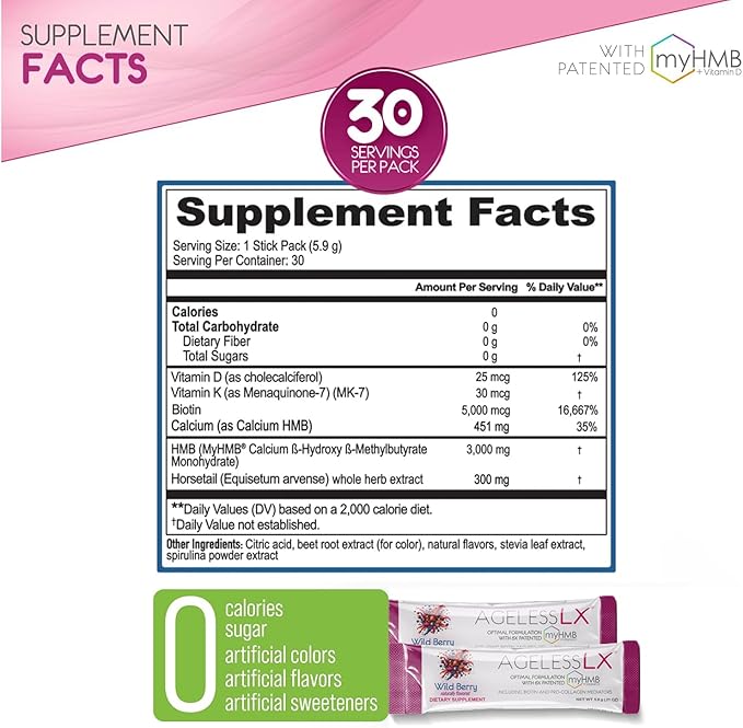 AgelessLX Powder Supplement for Women - with HMB Collagen Enhancer Plus Vitamin D3 with K2 Horsetail and Biotin for Lean Muscle and Stronger Hair and Nails - 30 Powder Packets Wild Berry