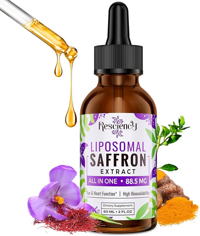 Resciency Liposomal Saffron Supplements Drops 88.5mg – High Bioavailability Liquid Saffron Extract for Mood Support Energy Focus &amp Vision with Ashwagandha Magnesium Zinc B12 &amp D3 2 fl oz