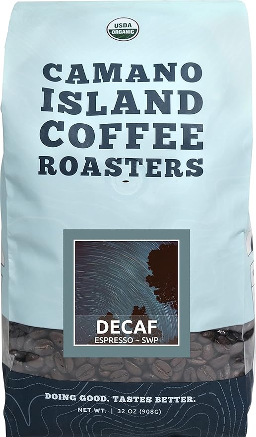 Camano Island Coffee Roasters Decaf Espresso Blend Whole Bean 2lb Fresh Dark Roast Swiss Water Processed USDA Organic Fairly Traded Shade Grown Top 1% Arabica Sweet Molasses Mixed Berry Flavor