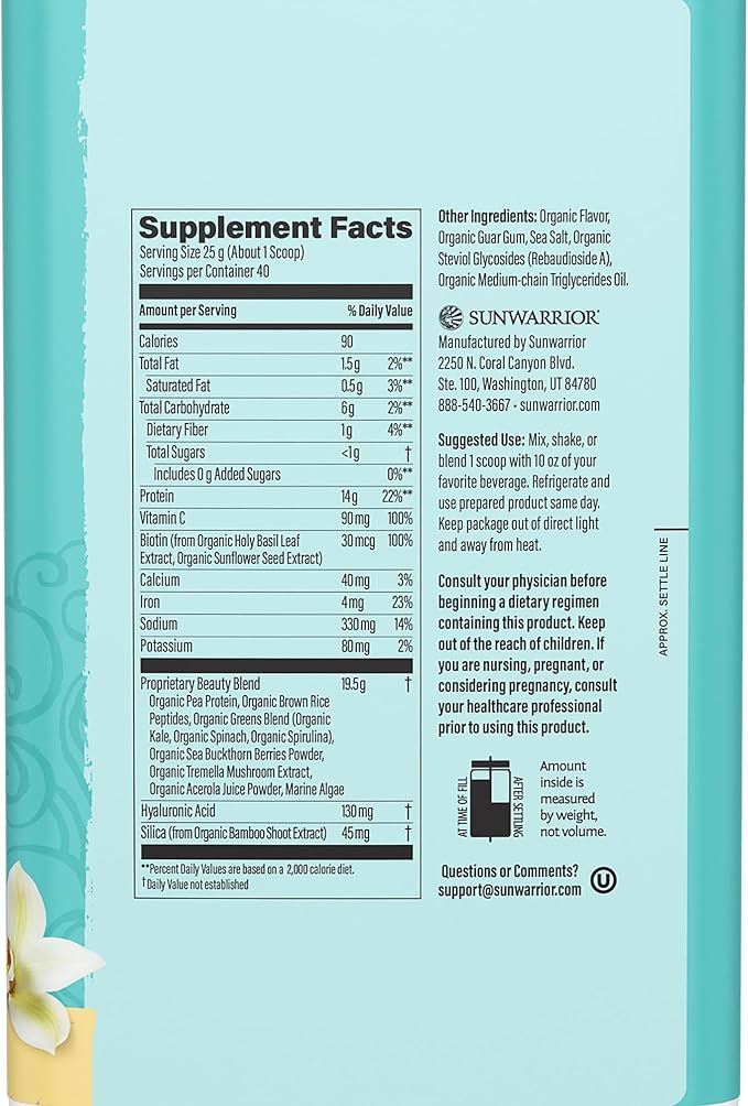 Sunwarrior Collagen Peptides Building Powder | Vegan Collagen for Women Plant-Based Protein Powder | Hyaluronic Acid Biotin Silica Vitamin C for Hair Skin &amp Nails | 40 Servings Vanilla Flavore