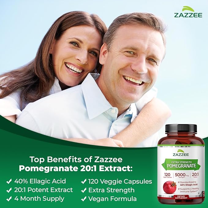 Zazzee Extra Strength Pomegranate 20:1 Extract 40% Ellagic Acid 120 Vegan Capsules 4 Month Supply Punica Granatum Antioxidant &amp Cellular Health Support Non-GMO Made in the USA