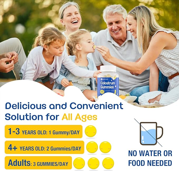 Bovine Colostrum Supplement Gummies - with 60% Highest IgG Lactoferrin Probiotics and Prebiotics for Adults and Kids Vanilla Flavor &amp Sugar Free 90 Gummies