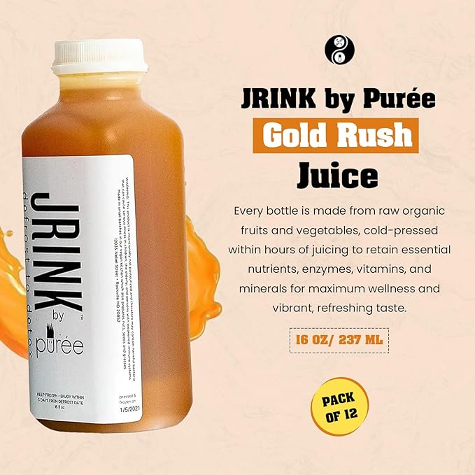 JRINK by Purée Gold Rush Cold Pressed Juice Cleanse with Organic Lemon Ginger Detox Drink from Raw Fruit and Vegetable Juice No Preservatives Healthy Cleanse 16oz Bottles 12 Pack