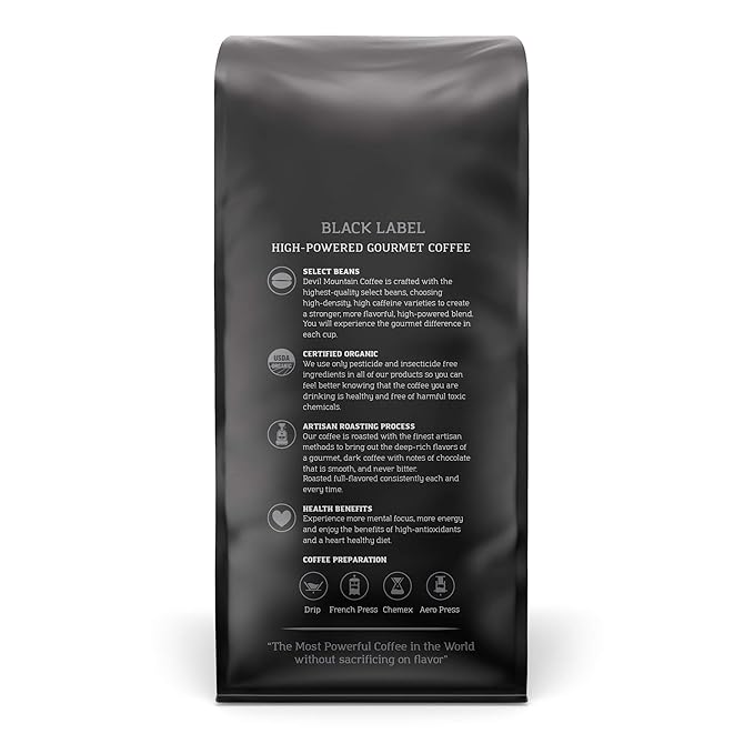 Devil Mountain Coffee Black Label Dark Roast Ground Coffee Strong High Caffeine Coffee Grounds USDA Organic Fair Trade Gourmet Artisan Roasted Strongest Coffee in the World 32 oz Bag