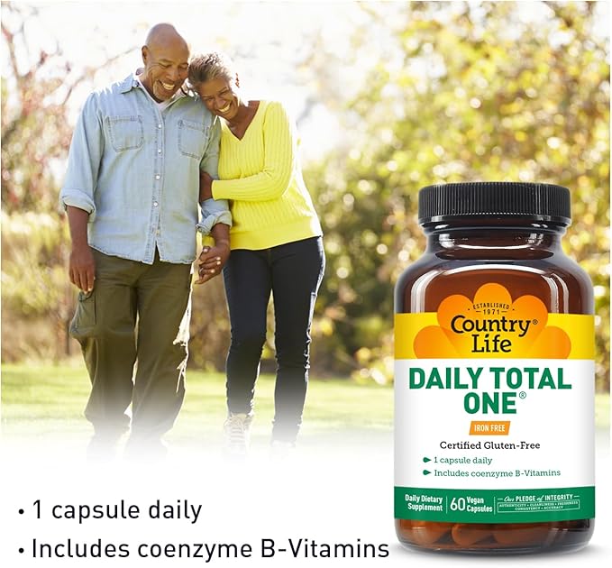 Country Life Daily Total One Multivitamin Iron Free Once a Day Multivitamin &amp Multimineral Complex Vitamins A C D Including Coenzyme B-Vitamins Supports Energy Metabolism 60 Vegan Capsules