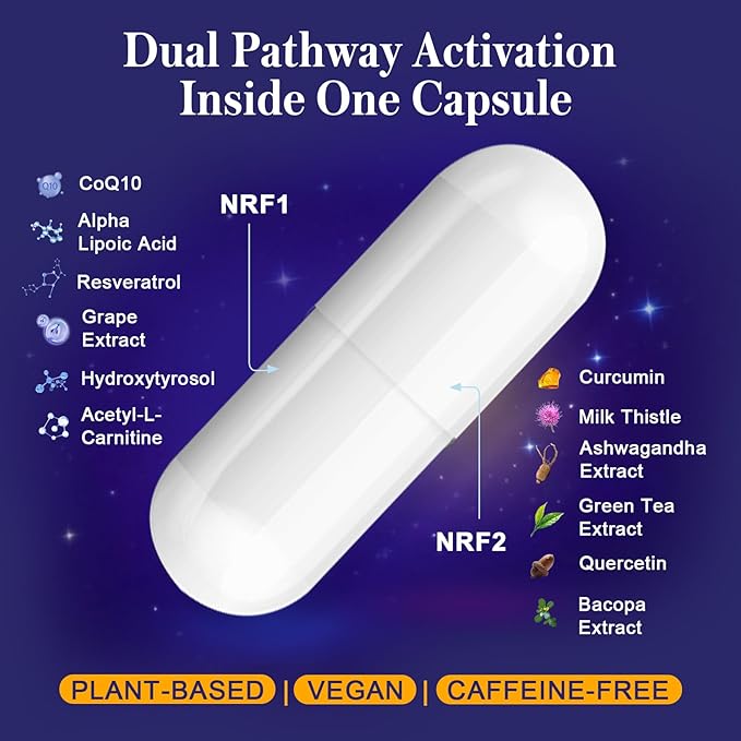 NRF1 &amp NRF2 Supplement 1500mg | Dual Activator with CoQ10 Curcumin Trans Resveratrol &amp Ashwagandha | Antioxidant for Oxidative Stress Wellness Aging &amp Cellular Energy | 60 Capsules (2 B