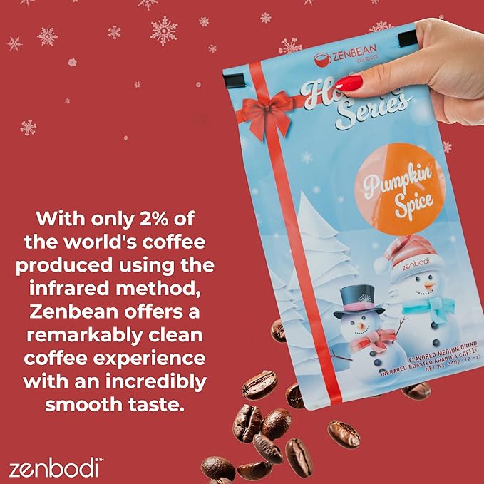 Zenbean Holiday Series Pumpkin Spice - Flavored Holiday Coffee Medium Grind Infrared Roasted Arabica Coffee Low Acid with Rhodiola Rosea and L-Theanine Makes 20 Servings 12 Ounce Bag