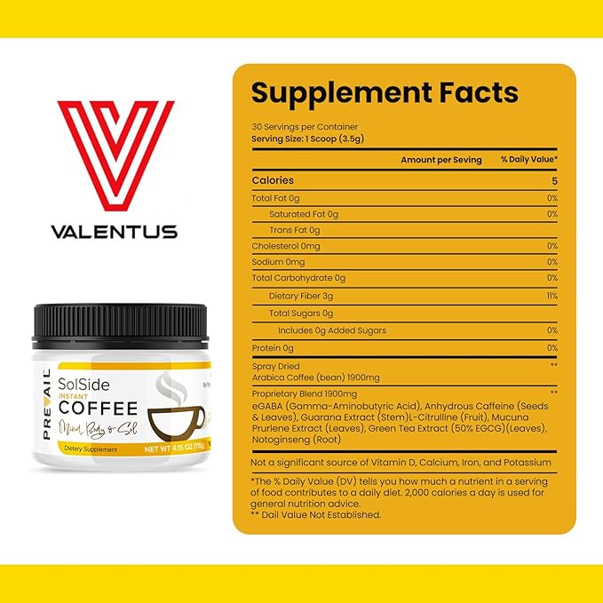 Valentus Solside Coffee Smooth Taste Coffee Vitamins Instant Coffee for Men Women Made with Natural Ingredients 4.15 Oz (118g)