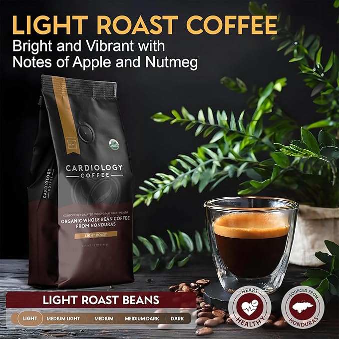 Cardiology Coffee – Whole Bean Coffee – USDA Certified Organic Mold Free 12oz Premium Light Roast Organic Coffee Beans with Antioxidant Benefits – Perfect for Heart Healthy Lifestyle