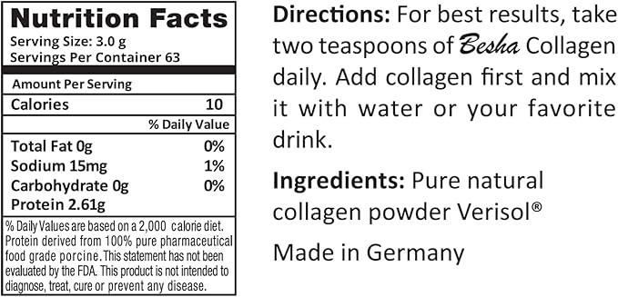 Besha Verisol® Collagen Peptides Made in Germany – 2-Month Supply – Natural Flavor Skin Hair Nail &amp Joint Support