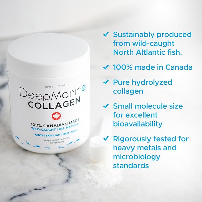 DeepMarine Collagen 100% Canadian Made Collagen Peptides Wild-Caught Collagen Powder Hydrolyzed Marine Collagen - 30 Day Supply - Gluten-Free Tasteless Odourless Keto and Paleo Friendly