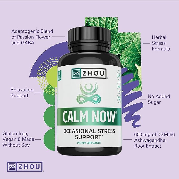 Zhou Calm Now - Calm Supplement Calm Vitamins for Women &amp Men Pills to Relax for Adults with GABA &amp Ashwagandha Stress &amp Focus Support - 60 Veggie Capsules