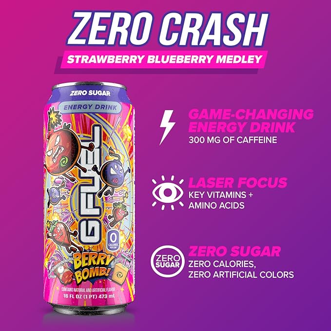 G Fuel Energy Drink Berry Bomb Sugar Free Carbonated Beverage with 300mg Caffeine Daily Energy Boost with Focus Amino Vitamin + Antioxidants 16 oz Cans (Berry Bomb 12-Pack)
