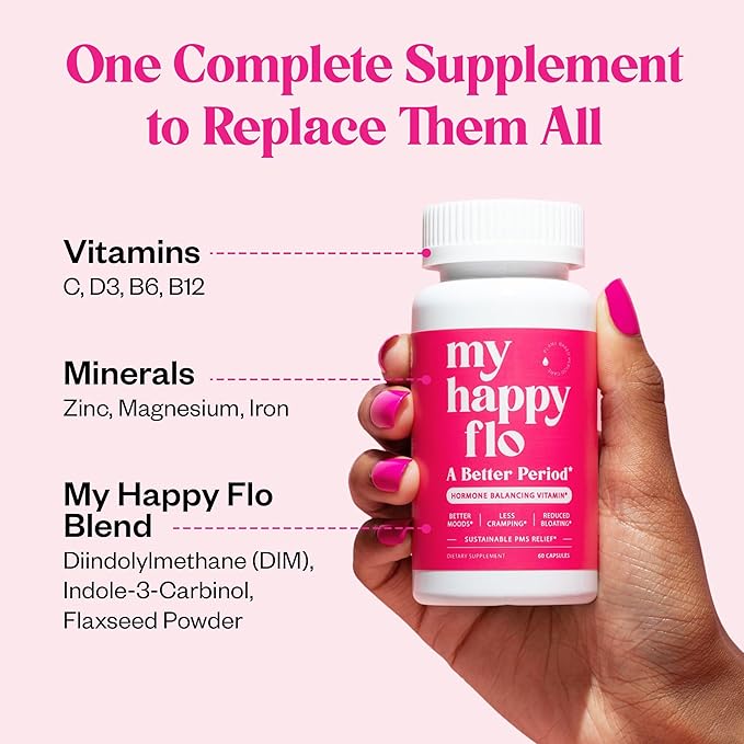 My Happy Flo PMS Support Supplement for Women with Iron PMS Relief Hormone Support for Women 10-in-1 PMDD Supplements for Women | DIM &amp I3C Indole-3-Carbinol for Cramp Relief Heavy Flow - 60 Ca