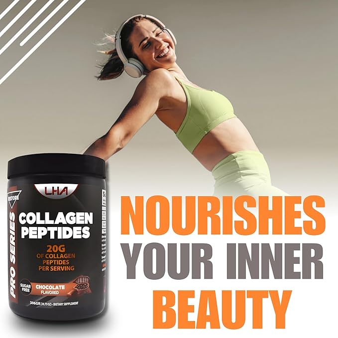 LHA Collagen Peptides Powder Chocolate Flavor Dietary Supplement for Skin Hair Nails Bone &amp Joint Support 10 oz