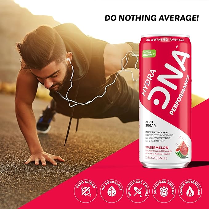 HYDRADNA- Clean Performance Drink Zero Sugar | For Natural Fuel Alertness Boost Stamina120 mg Organic Caffeine Natural Flavors Zero Sucralose Clean Ingredients (12 Pack) (12 Pack Watermelon)