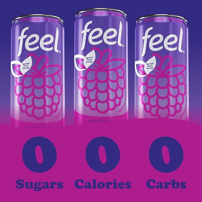 FEEL Zero Sugar Natural Energy Drink – Blackberry Pomegranate 140mg Plant-Based Caffeine with L-Theanine for Focus Vitamin C for Immunity Vegan Non-GMO No Artificial Sweeteners 12 Fl Oz Cans (12